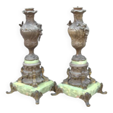 Pair of antique French Art Nouveau bronze vases on a marble base, fireplace decoration, 1800s, Châteaucore cassolettes, unique piece.
