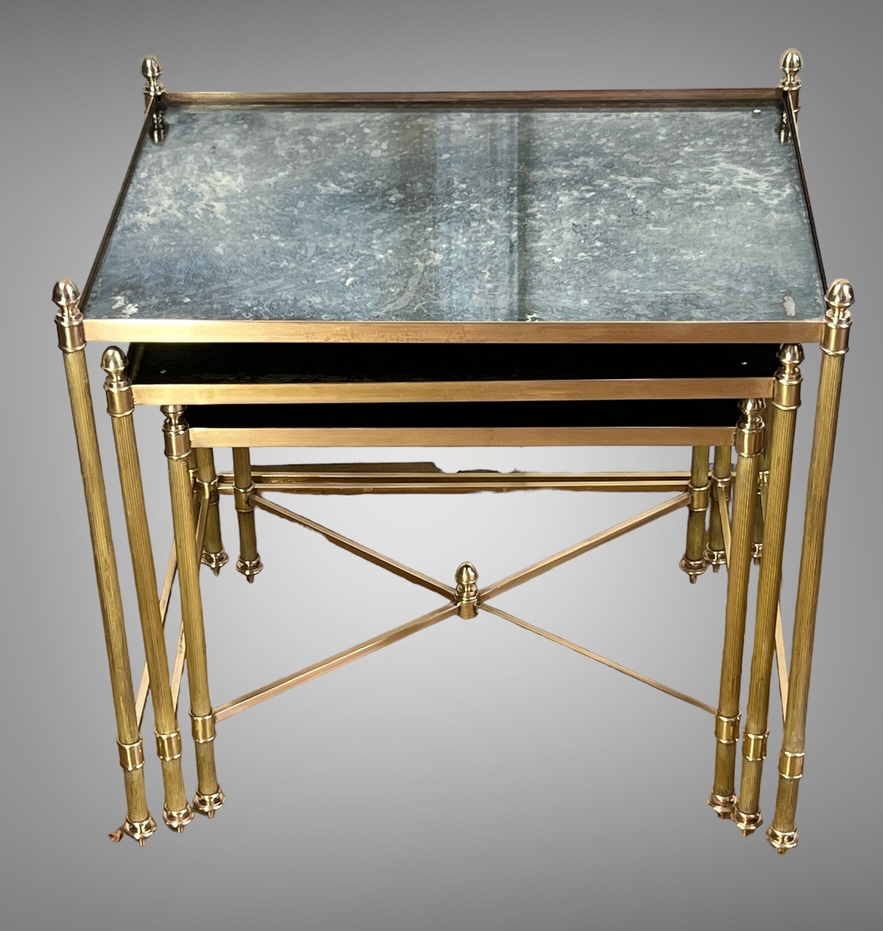 Nest of table from “maison bagués 1970” in gilt bronze and glass tops