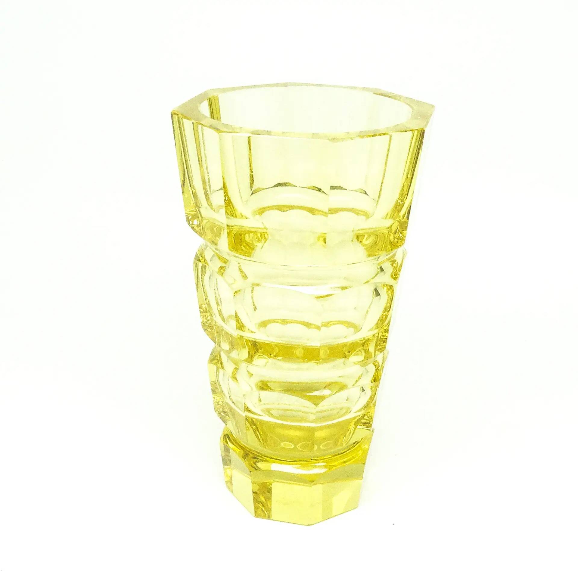 Art Deco vase, yellow crystal, design by J. Hoffmann, Moser, Czechoslovakia, 1930s