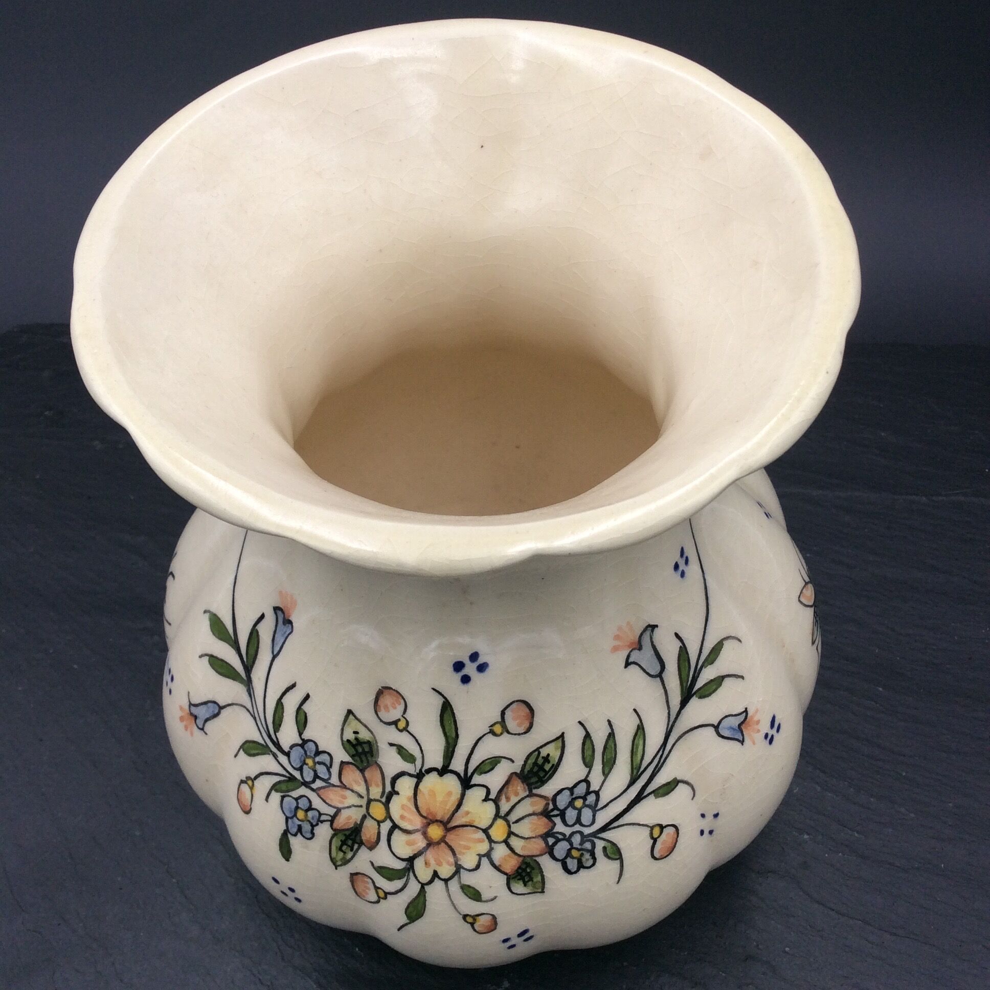 Vase Décor Rouen Earthenware Cracked Effect Flowers and Insect