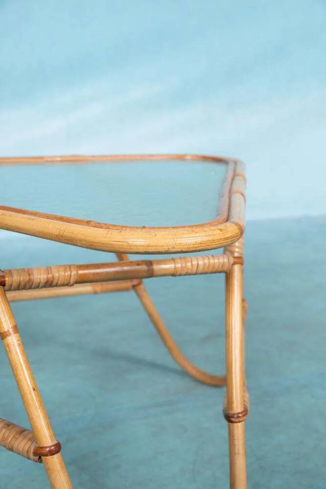 Vintage rattan coffee table from the sixties, bohemian rattan side table.