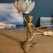 Bedside lamp angel left flower lotus mother-of-pearl base cast iron patinated brass