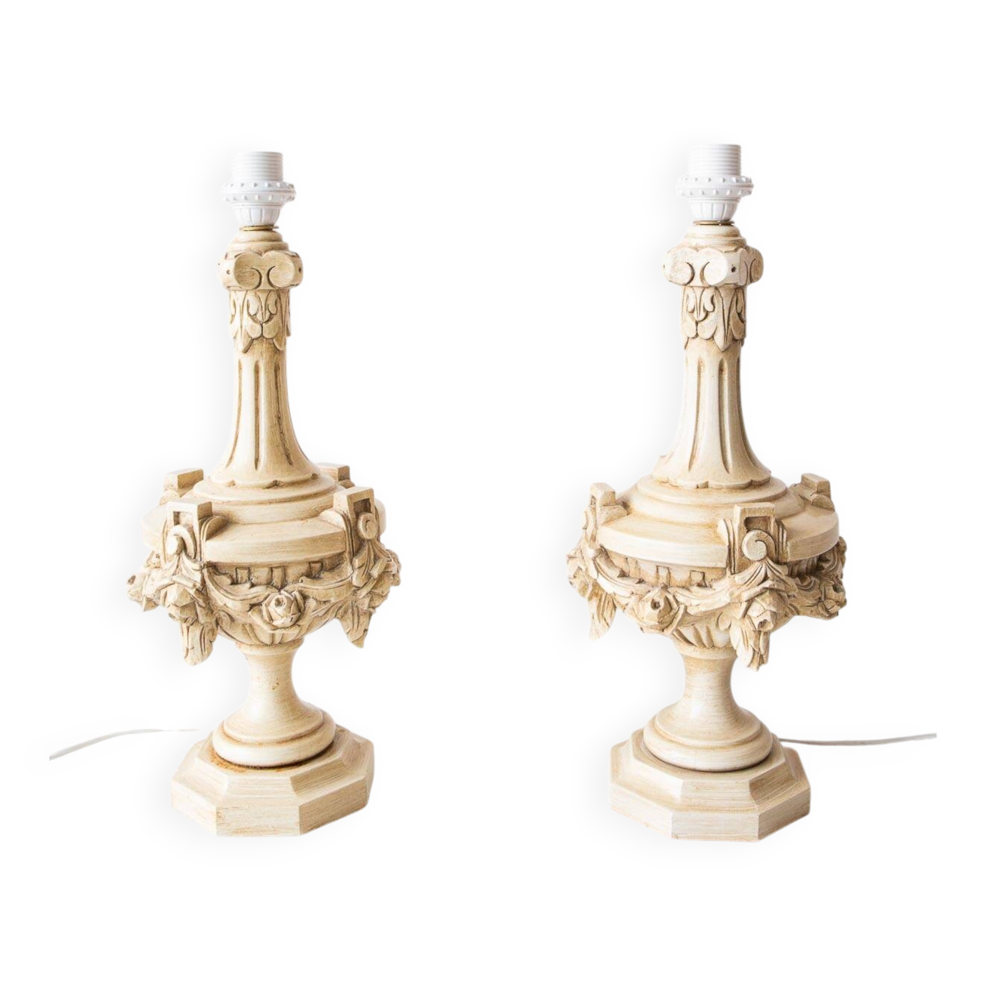 Pair of large painted wood table lamps. Spain, circa 1970s