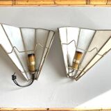 Pair of fan-shaped wall lights in glass paste and brass.