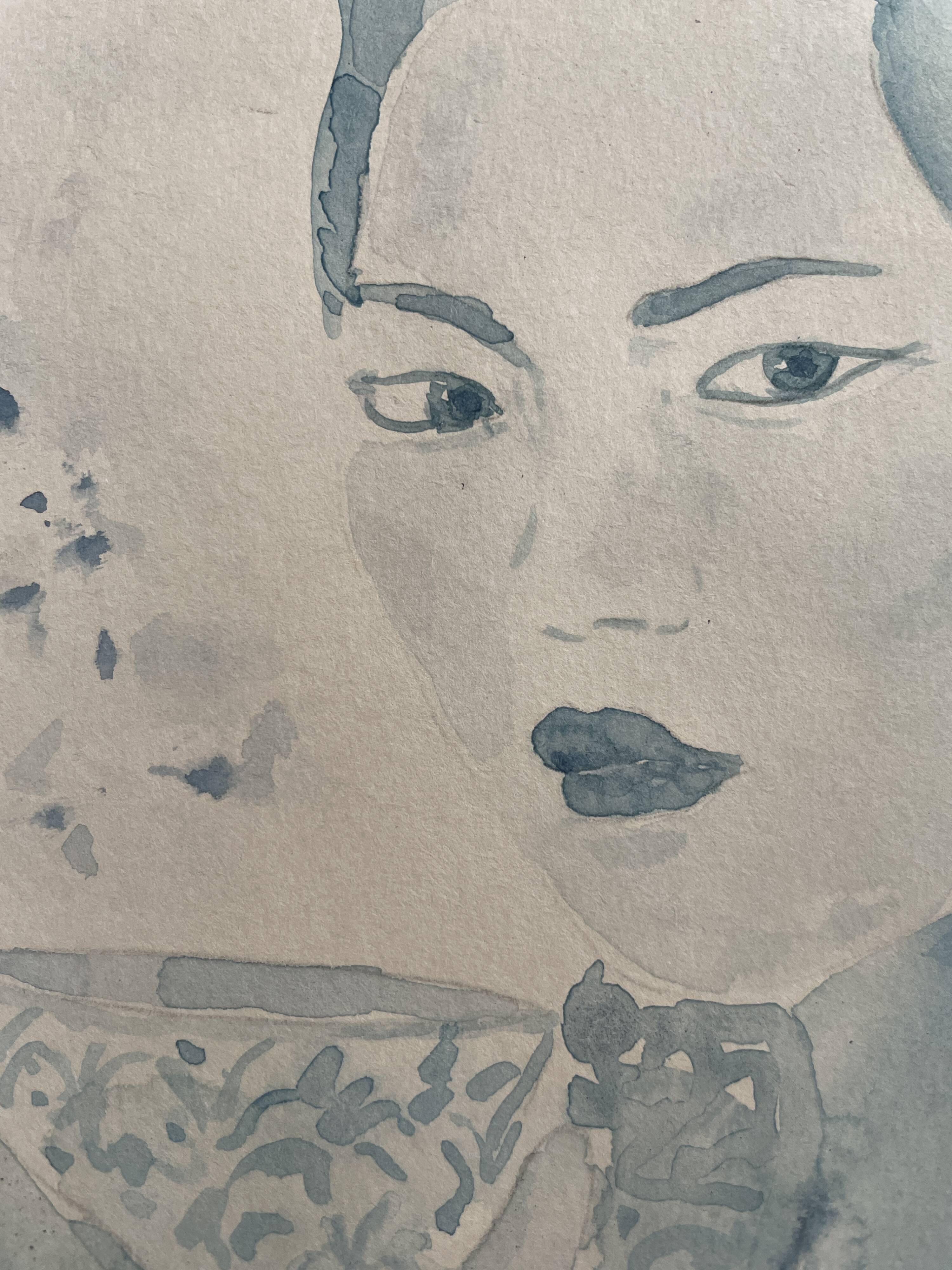 Signed blue watercolor painting “Geisha Tea Time” Japan