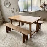 Oak farmhouse table and its two benches