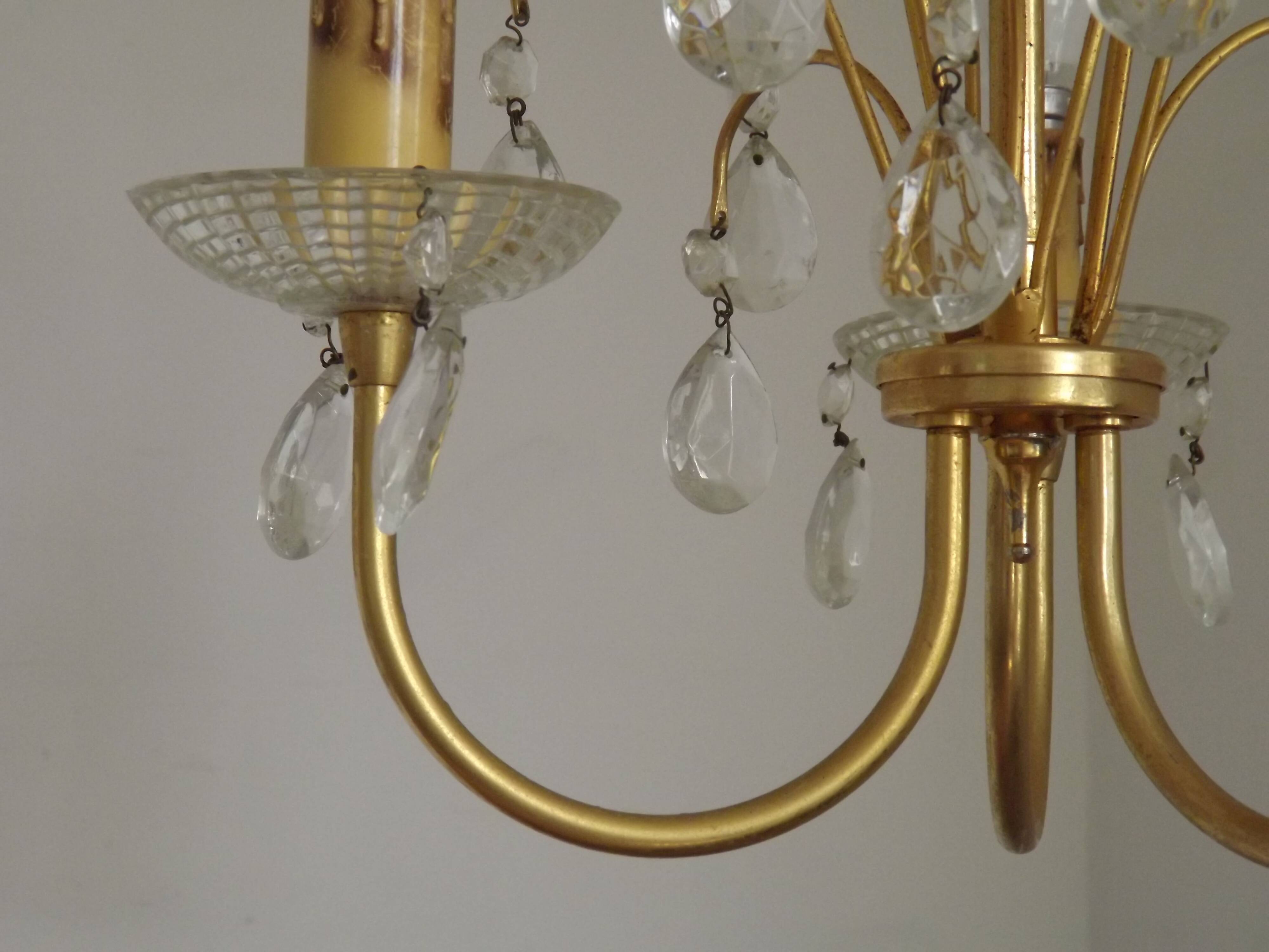 French Vintage Gold Effect Metal-Crystal 3 Light Chandelier Glass Bobeches