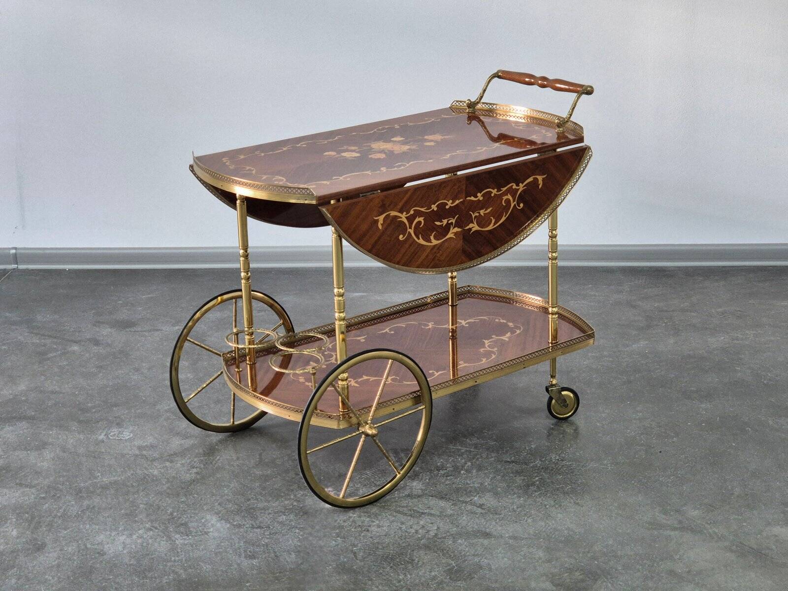1970s drinks bar cart with side flaps in marquetry