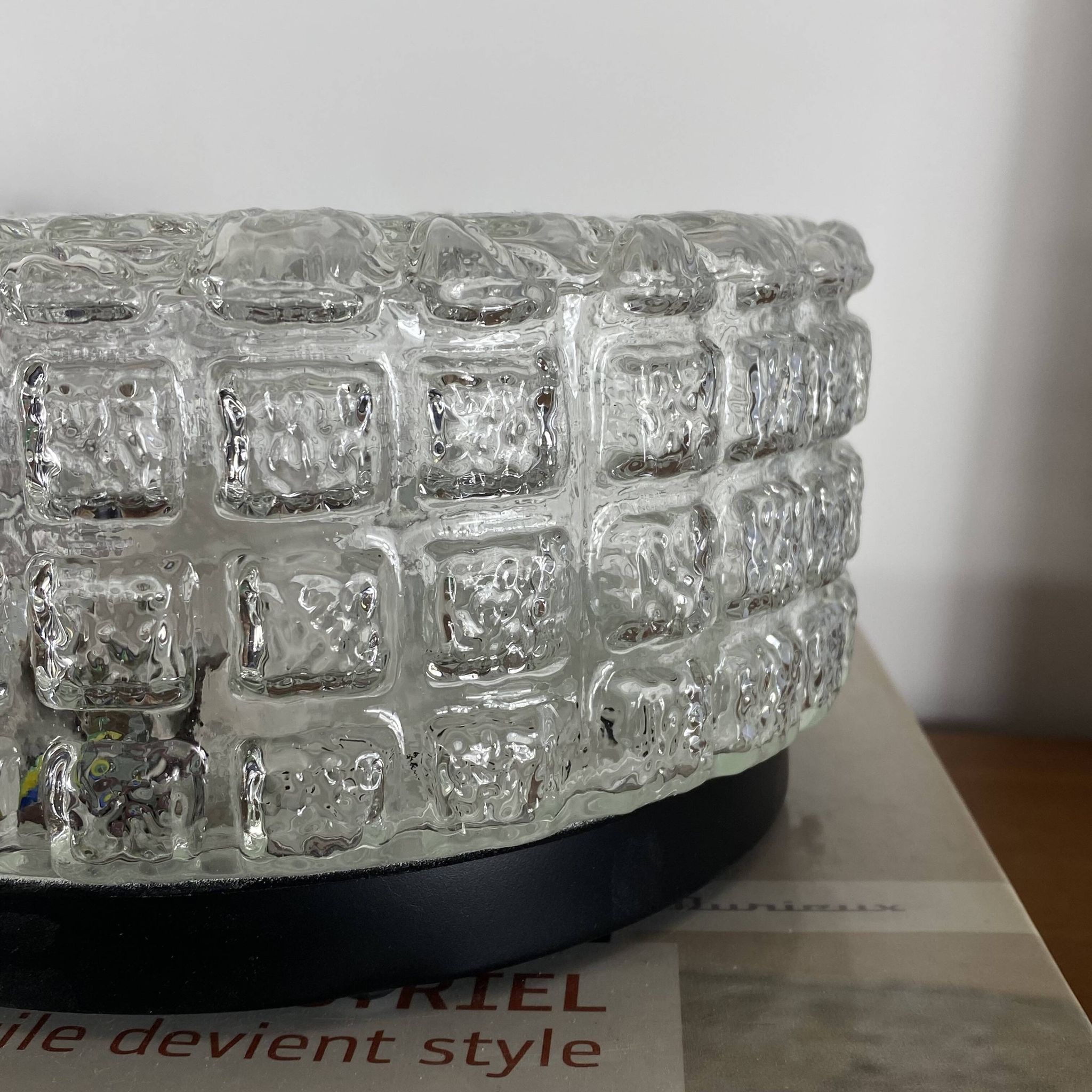 Vintage 1970s round wall light ceiling fixture with transparent glass.
