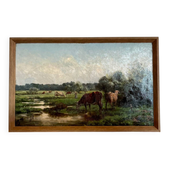 Cows in the pasture, oil on canvas, old painting