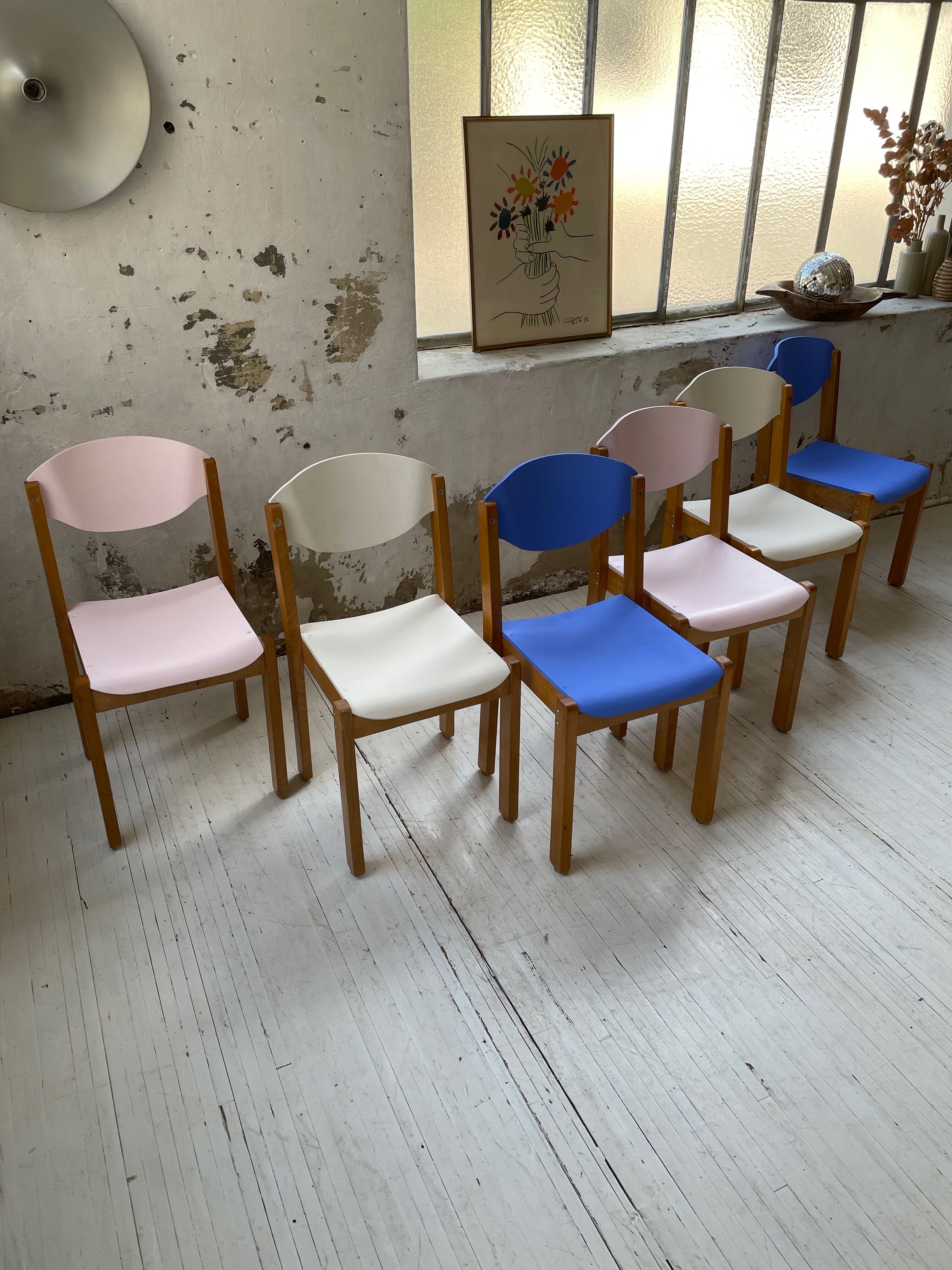 6 colorful 80s beech chairs