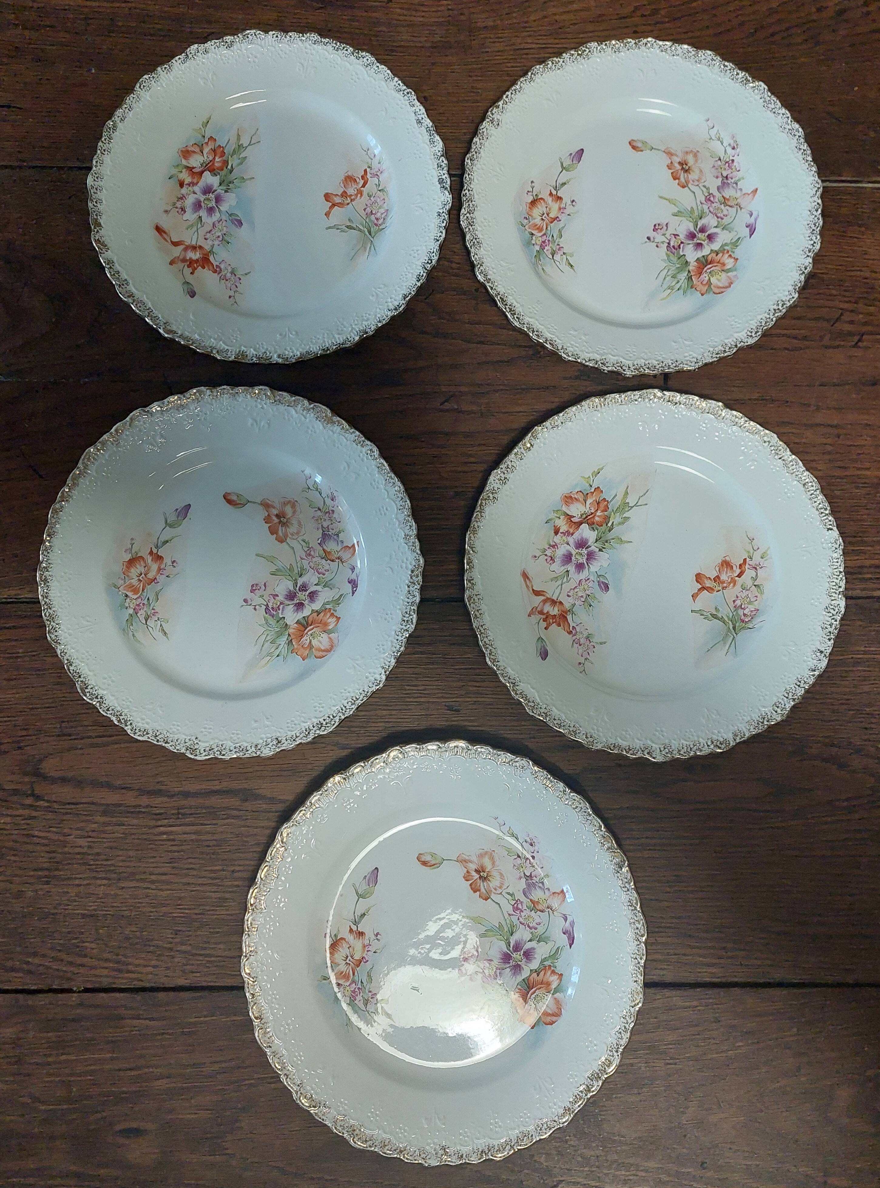 Dessert plates, set of five, Creil Montereau iron earth