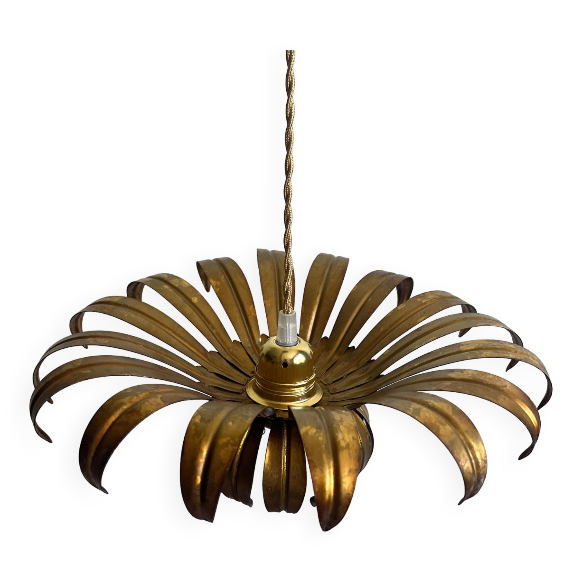 Ceiling lamp pendant in aged gilded metal palm leaf