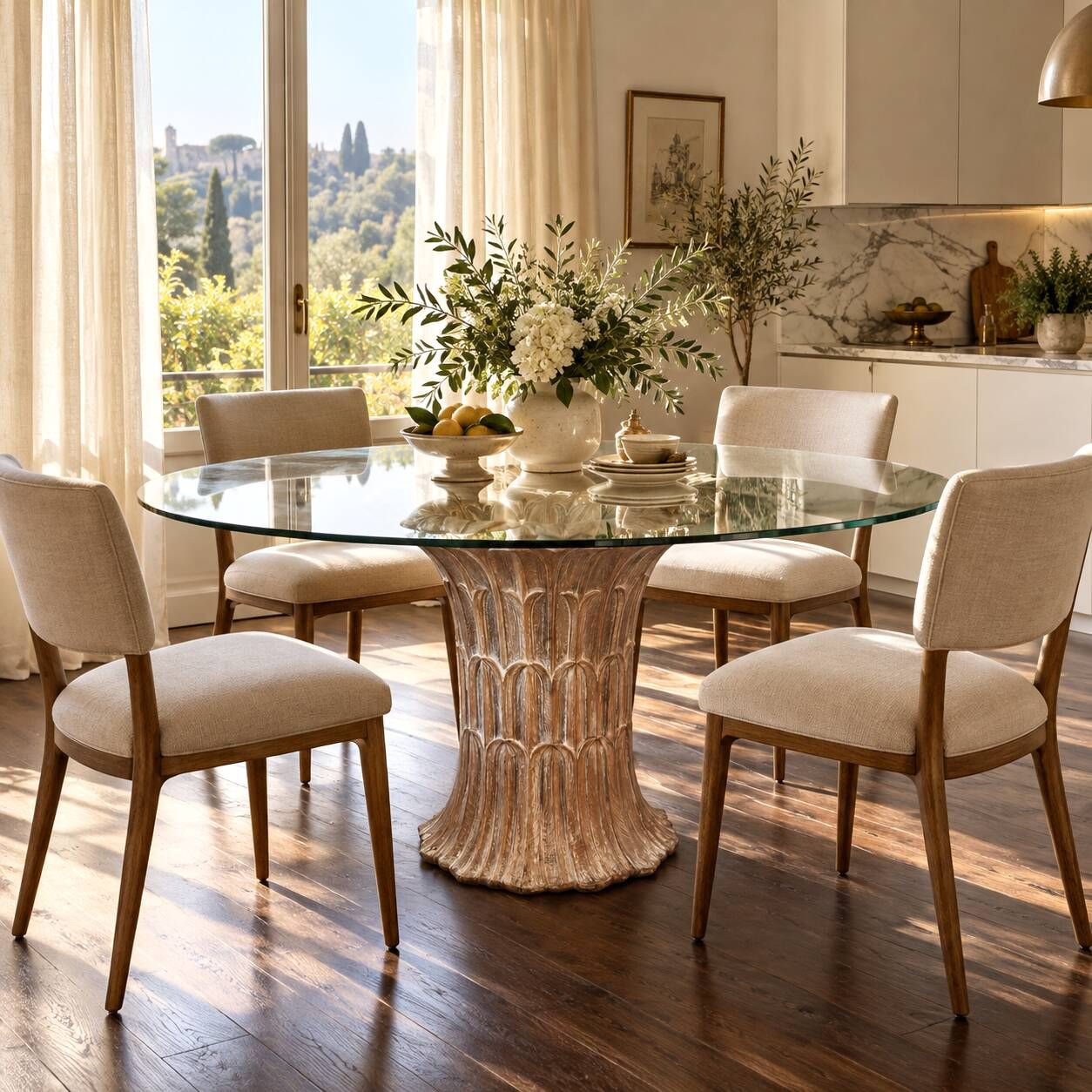 Italian dining table in carved oak with a glass top, vintage.