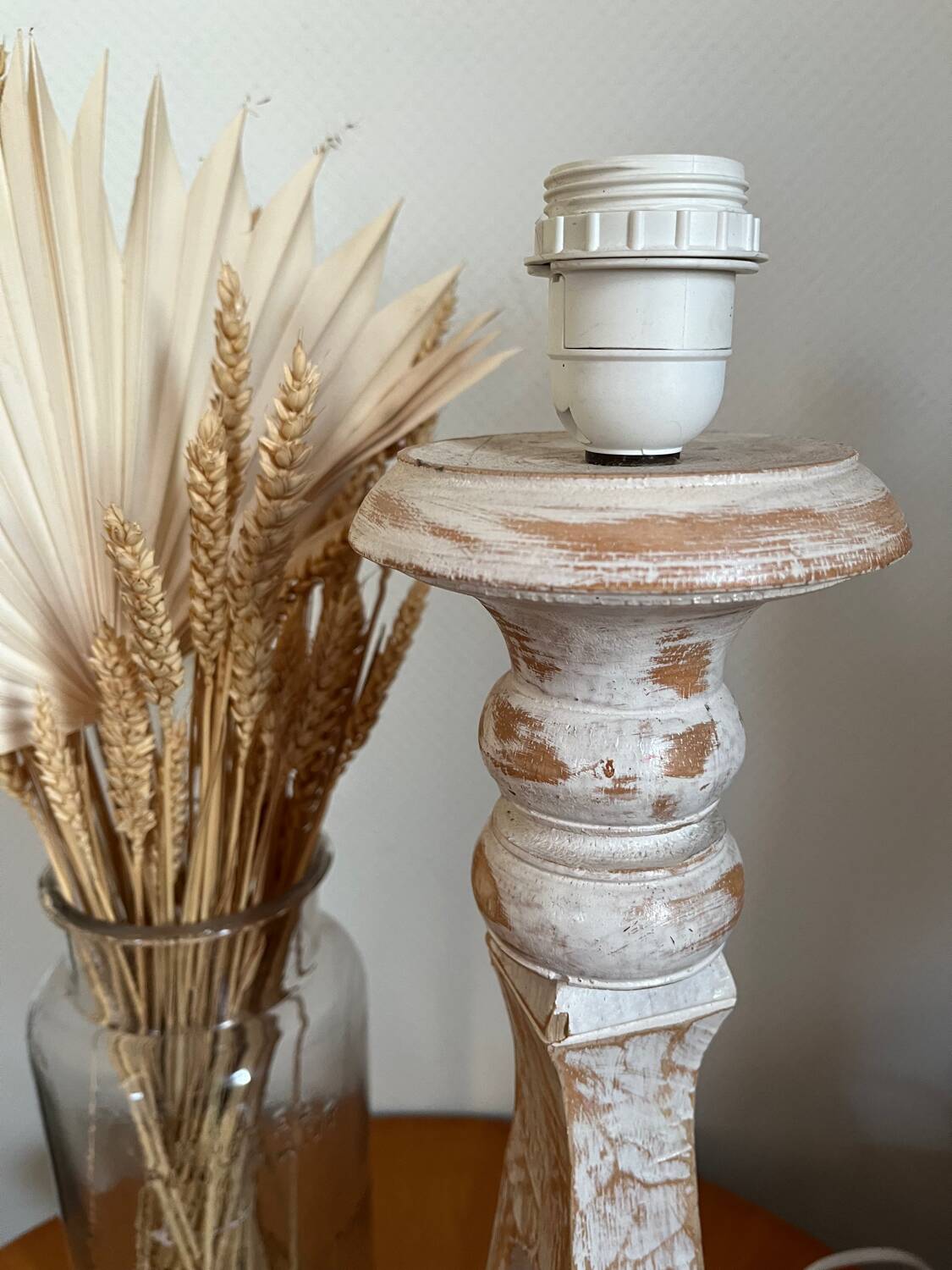 Wooden baluster lamp base with white cherry patina