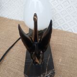 Art Deco swan and white globe table lamp with black marble base