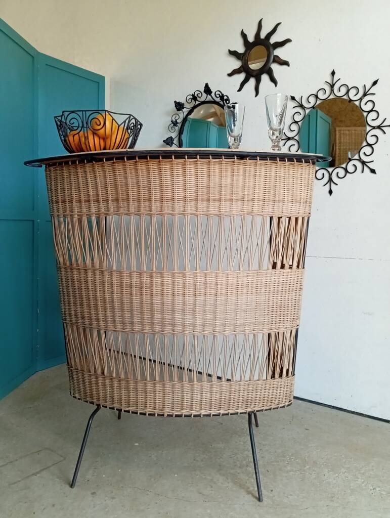1960s rattan and metal bar counter