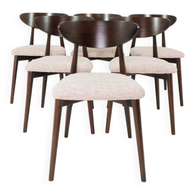Ensemble de 6 chaises de salle à manger roses, design scandinave, bois foncé.