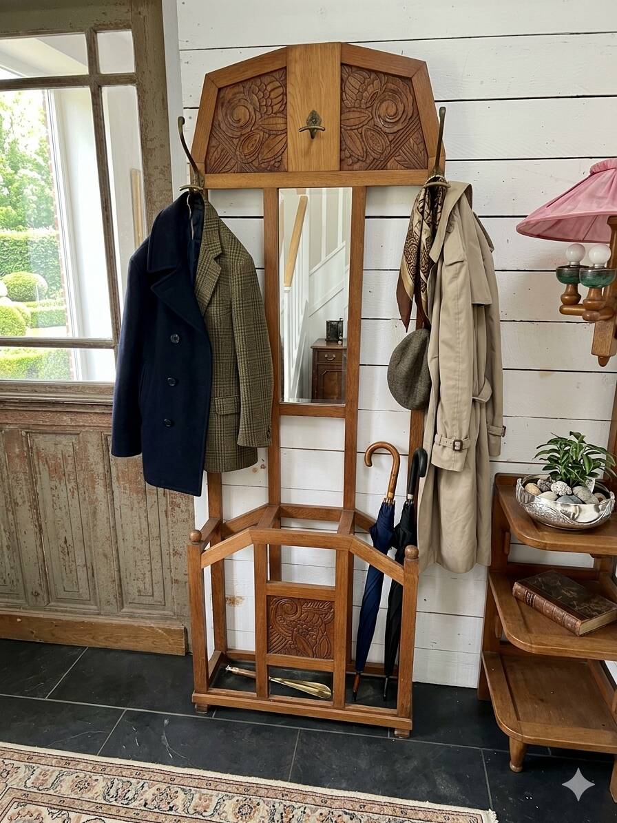 Art Deco coat rack wardrobe in solid oak