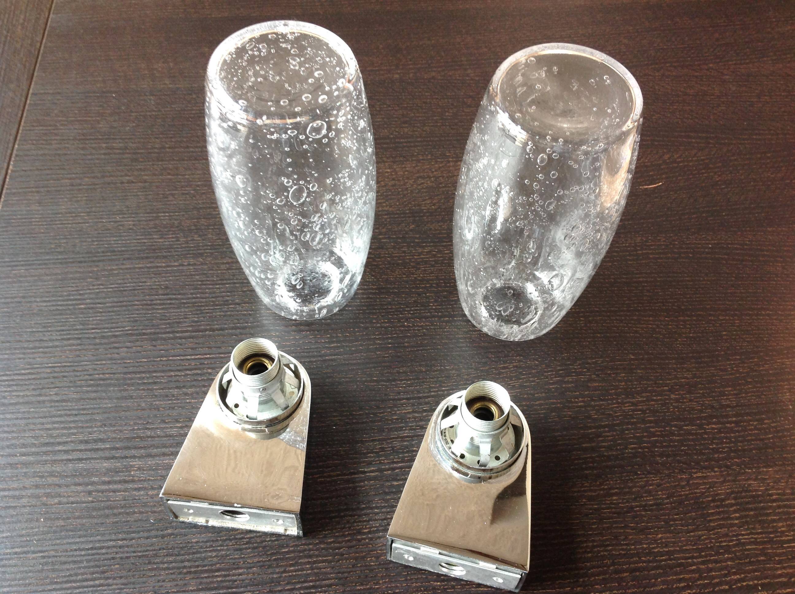 Pair of vintage 1970s-80s glass and chrome wall lights with teardrop shapes