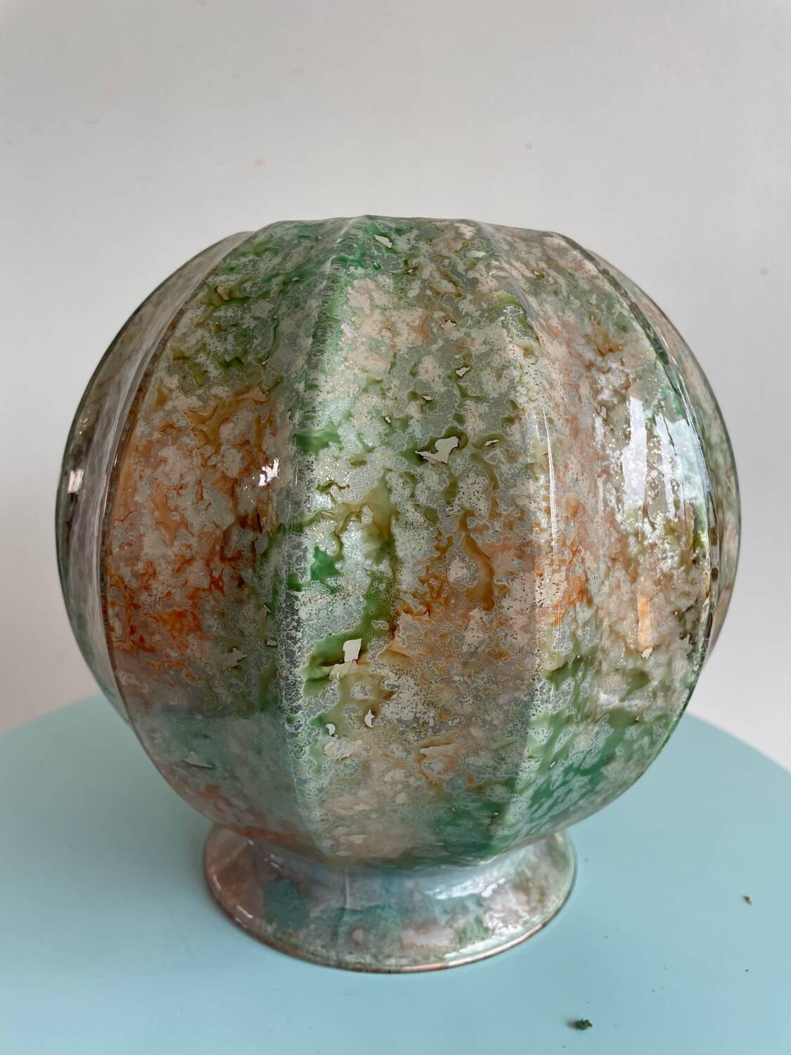 Iridescent glass ball vase with cut sides – Art glass style, unique piece