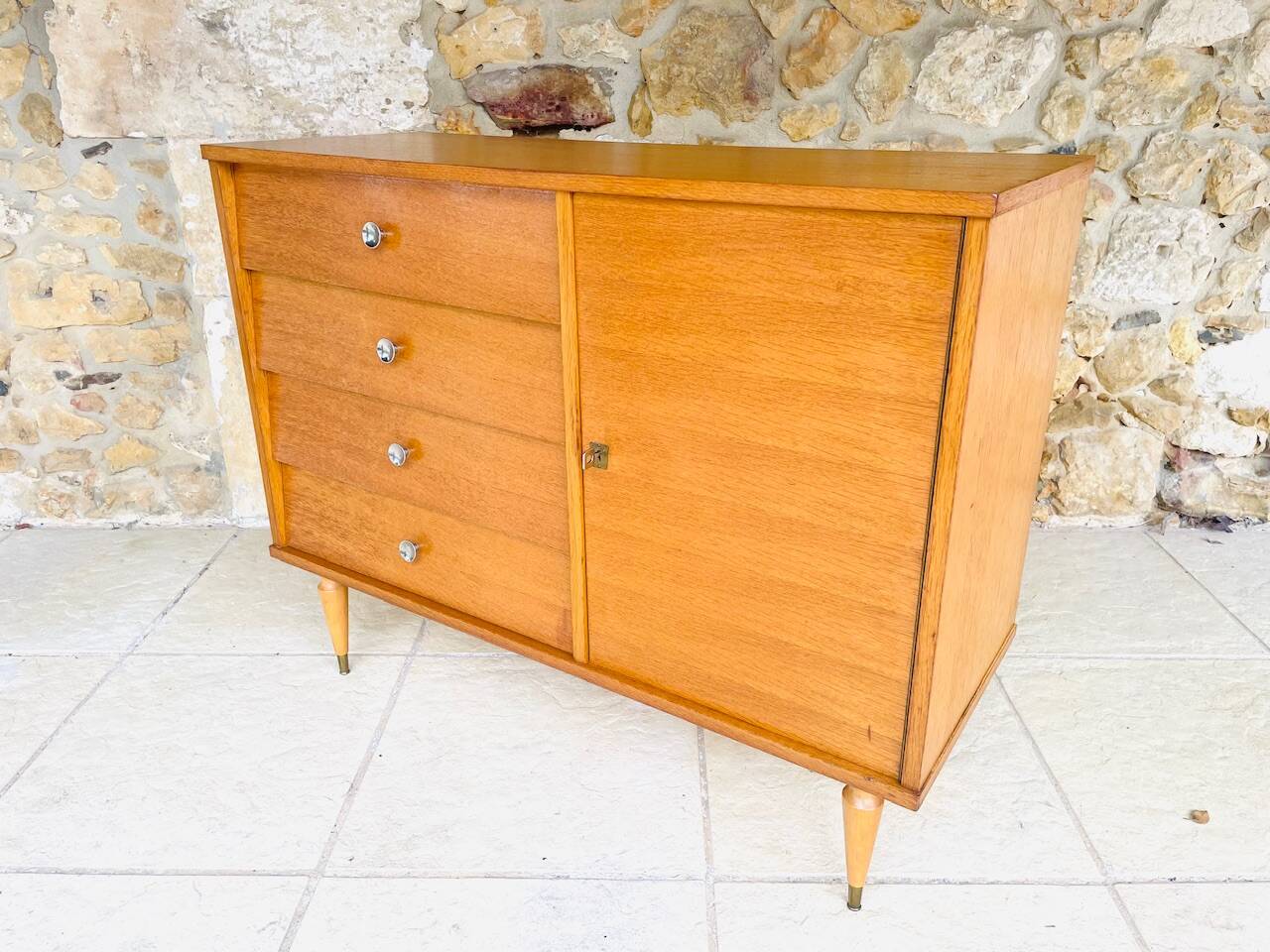 Large vintage chest of drawers with 4 drawers and oak storage, circa 1960s.