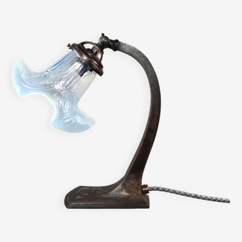 Art Nouveau Copper Table Lamp with Celtic Knot and Vaseline Glass Shade