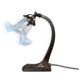 Art Nouveau Copper Table Lamp with Celtic Knot and Vaseline Glass Shade