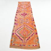 Tapis Kilim Vintage Orange et Rose, Motifs Géométriques, 77x326 Cm