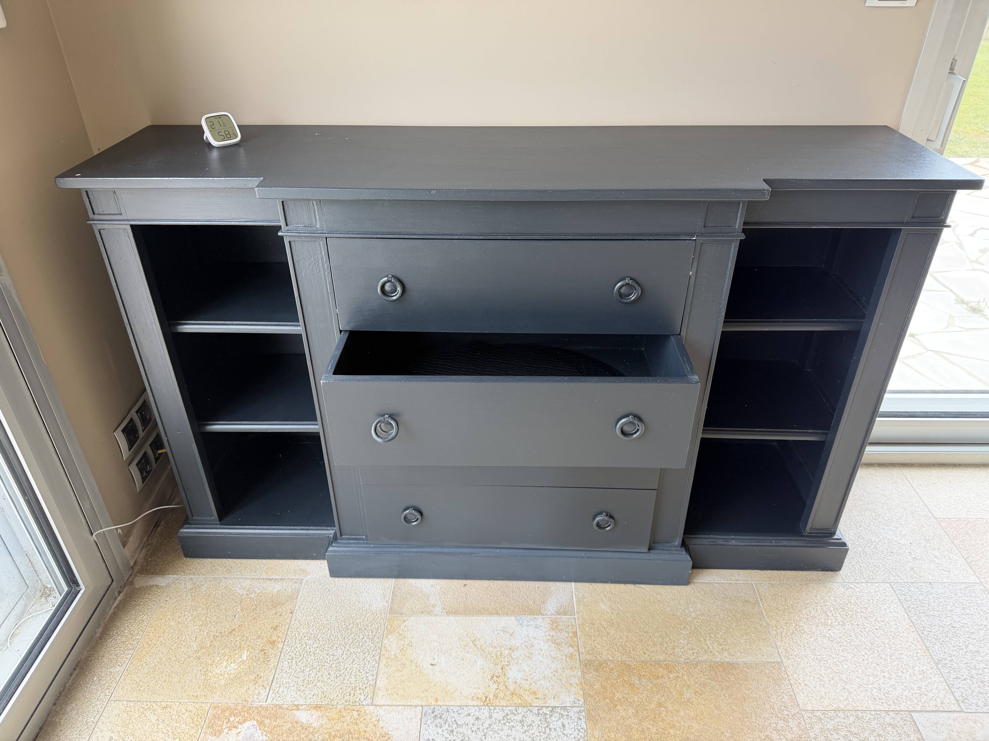 Low buffet with niches, chic country style, anthracite black, wood.