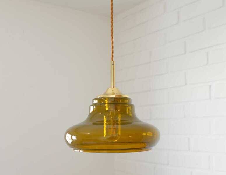 Hand-blown amber glass pendant light: MCM retro bar golden hanging lamp