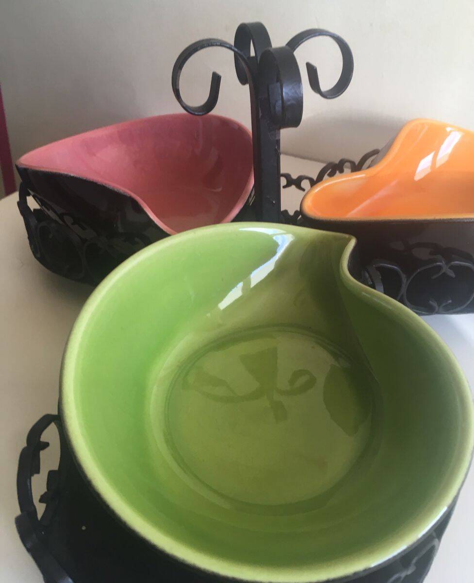 Serviteur apéritif fer forgé et faïence