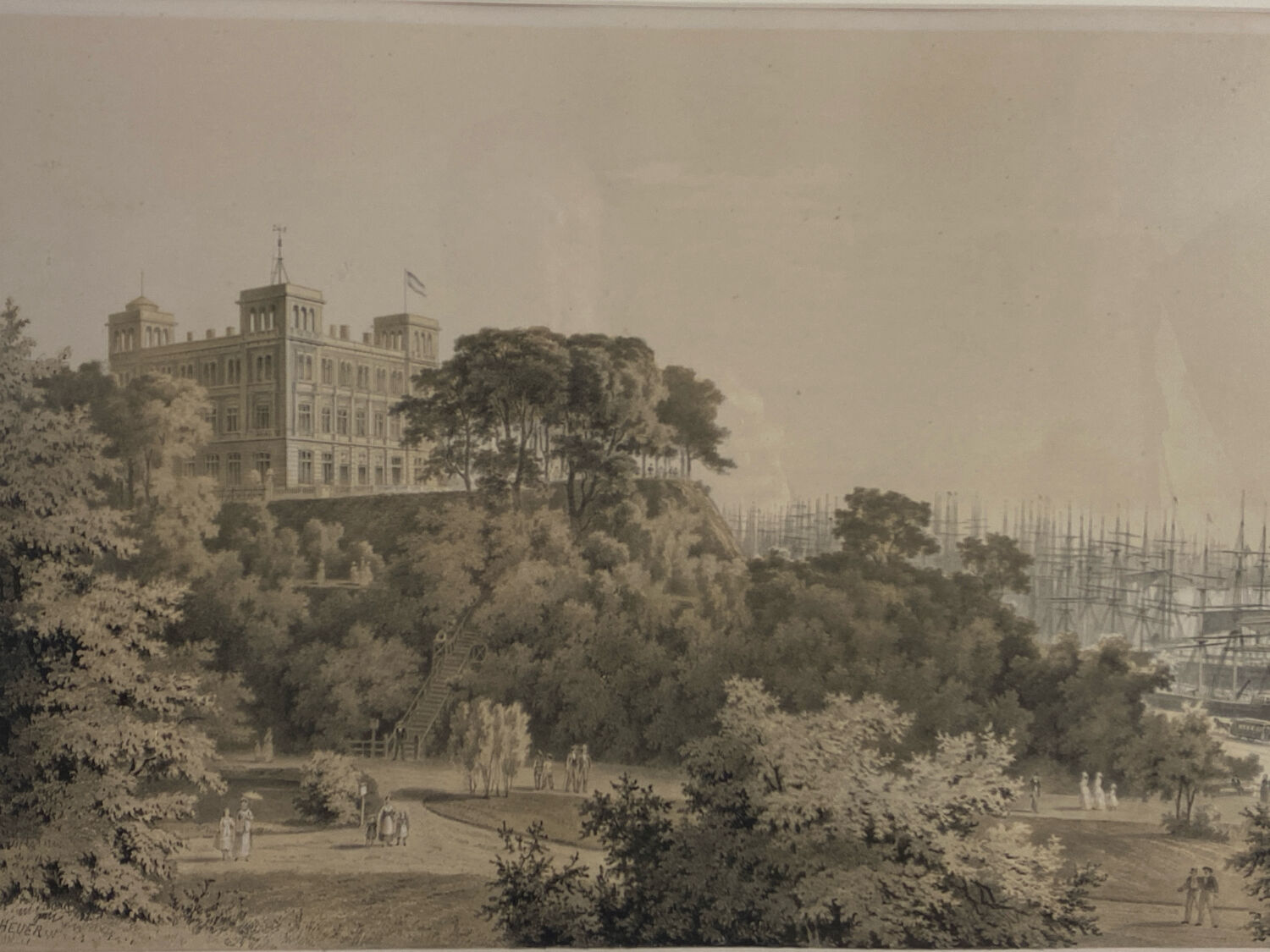 Lithograph under glass "Port of Hamburg", 19th century.