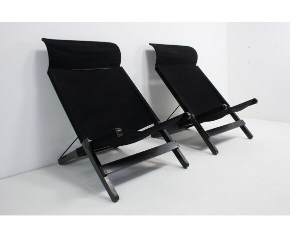 Set Of 2 Chairs Folding Black Canvas, Vintage Canvas Folding Chair