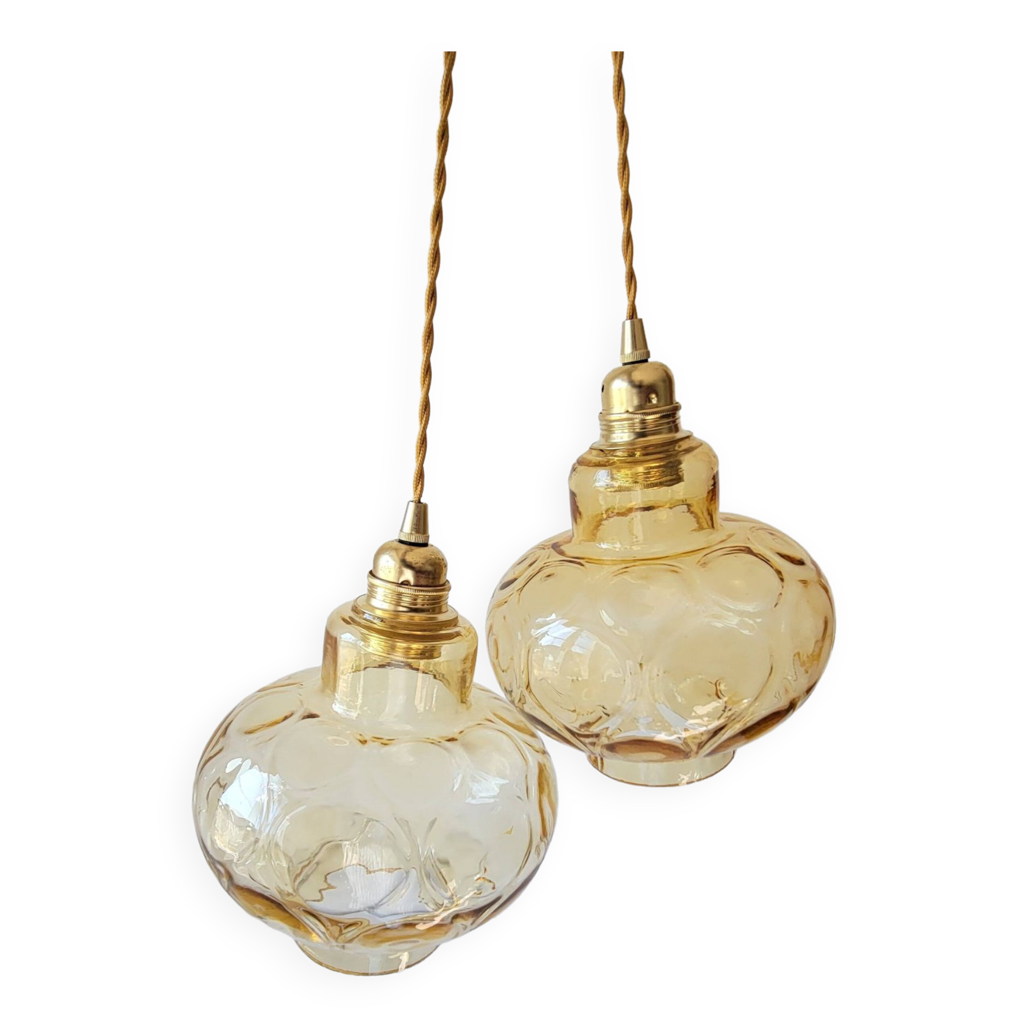 Duo of amber glass pendant lights