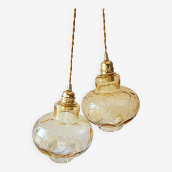 Duo of amber glass pendant lights
