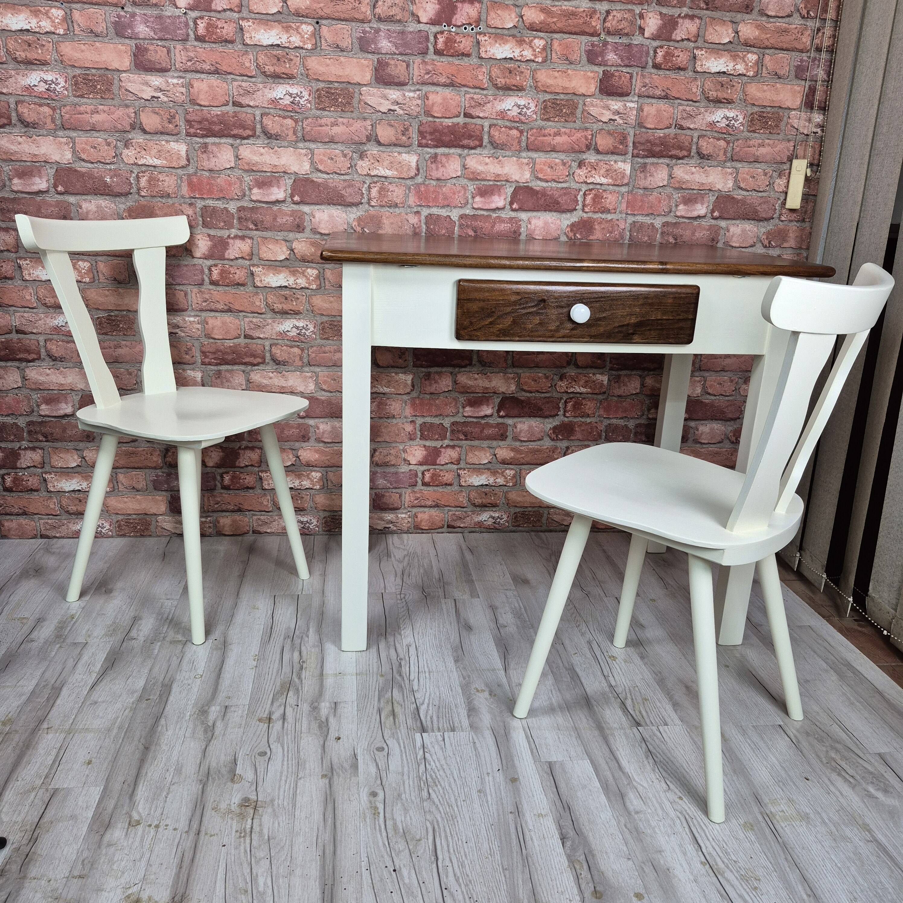 Upcycled Vintage Kitchen Dining Set Table and 2 Chairs - Cream and Walnut