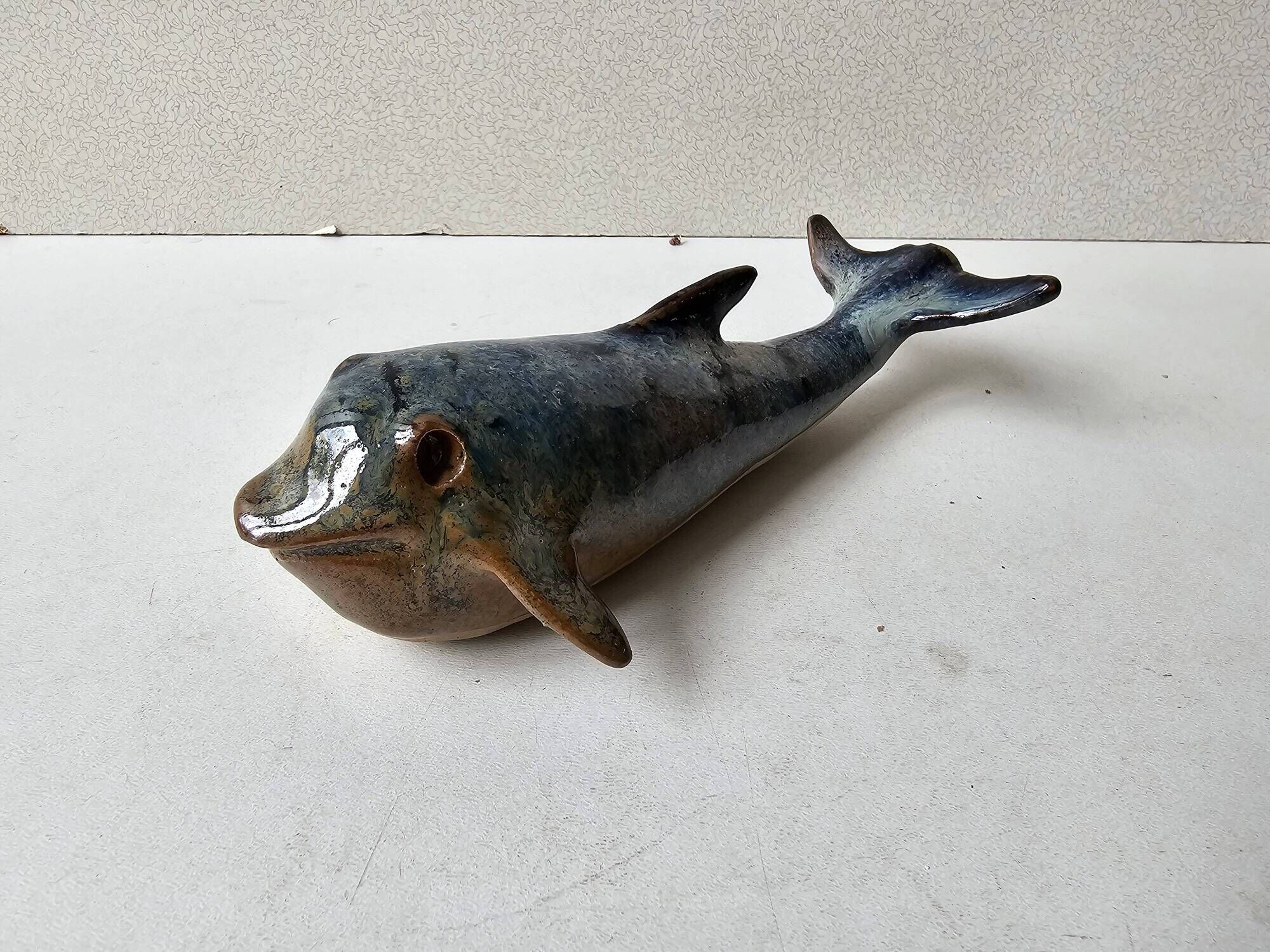 Blue ceramic whale sculpture signed (Signature to be identified)