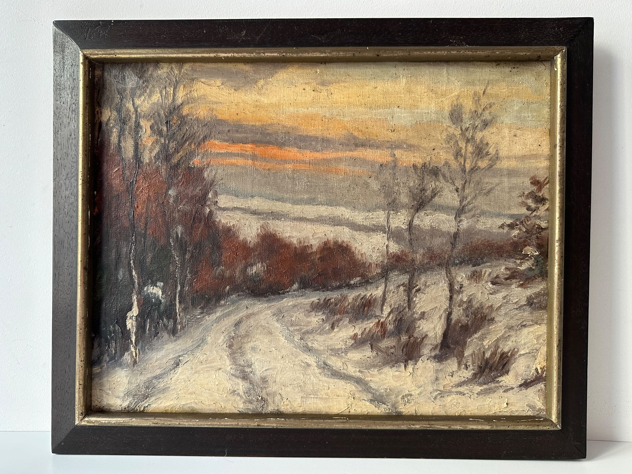 Oil on canvas of a winter landscape at dusk 1900, snow in the countryside.