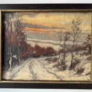 Oil on canvas of a winter landscape at dusk 1900, snow in the countryside.