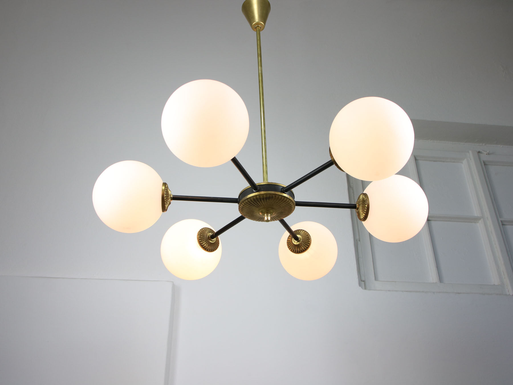 Mid-century sputnik brass and opaline glass chandelier
