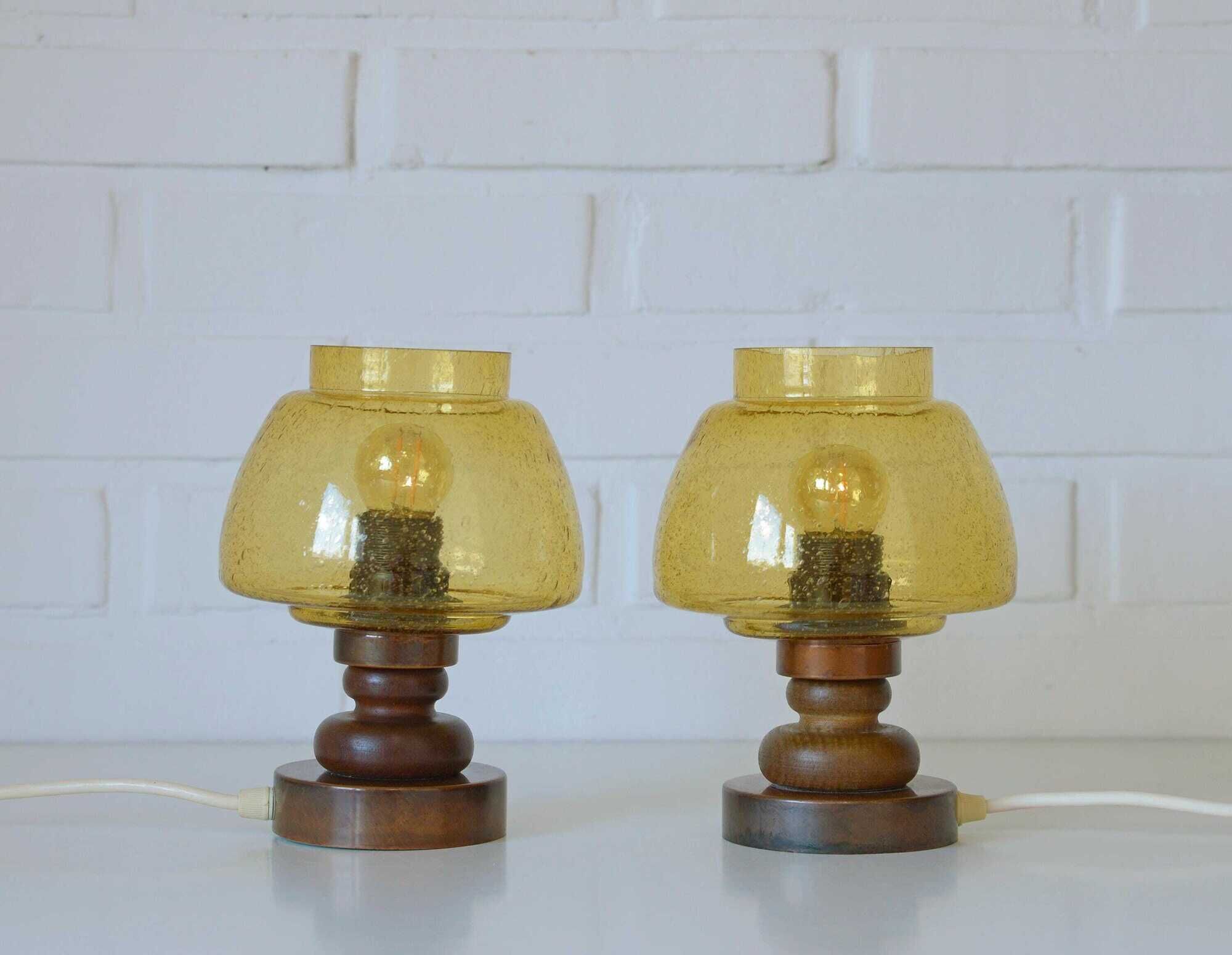 Pair Vintage Amber Glass Bedside Lamps, Copper Wood, Yugoslavia 1980s