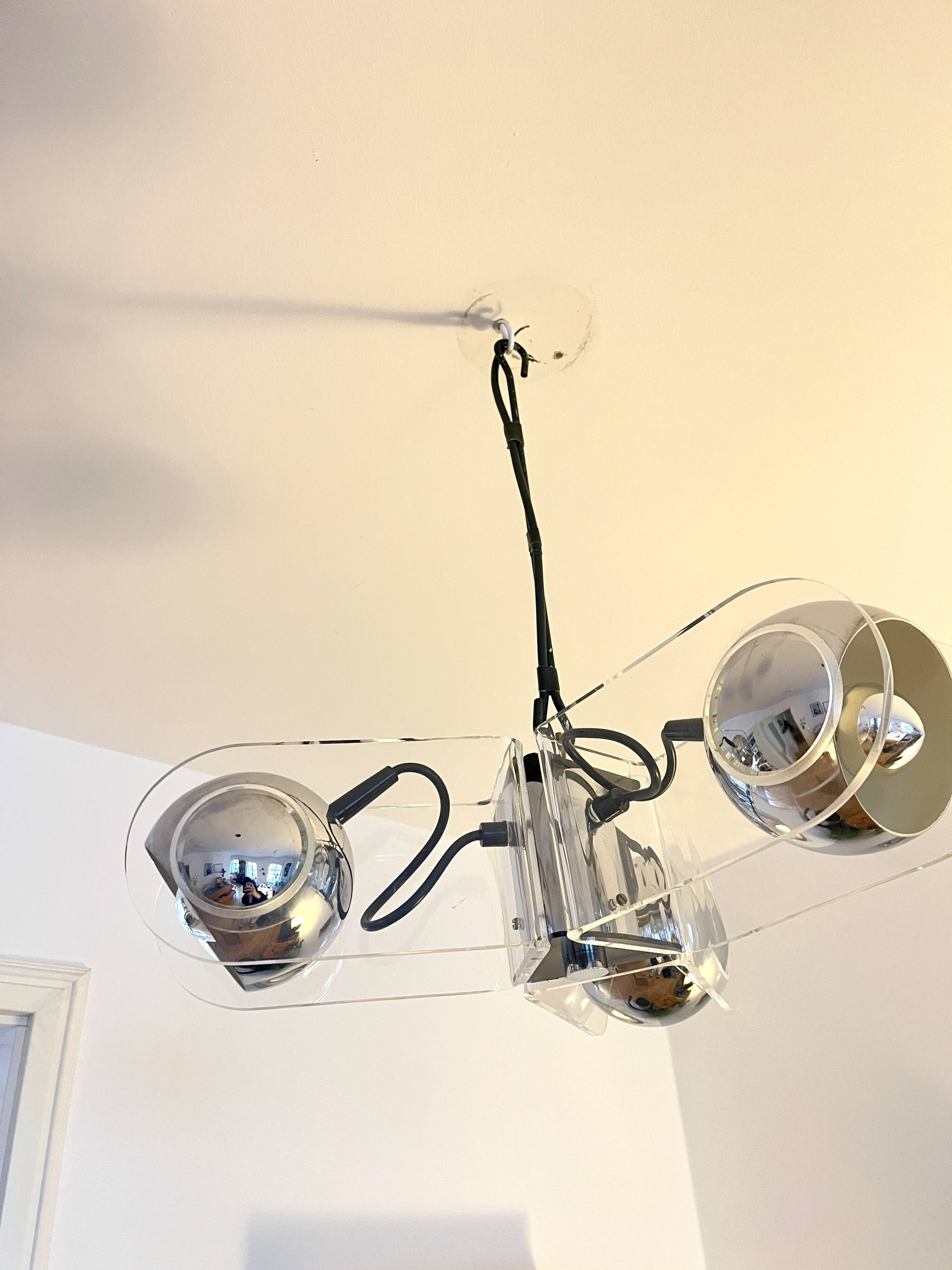 Vintage Chrome & Acrylic Pendant Lamp in the Style of Gino Sarfatti , 1970s