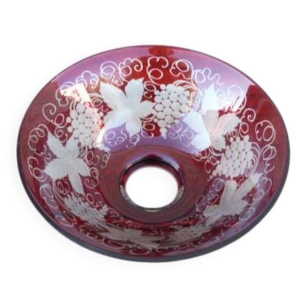 Coupe saladier en cristal doublé grenat Verre de Boheme motifs raisins