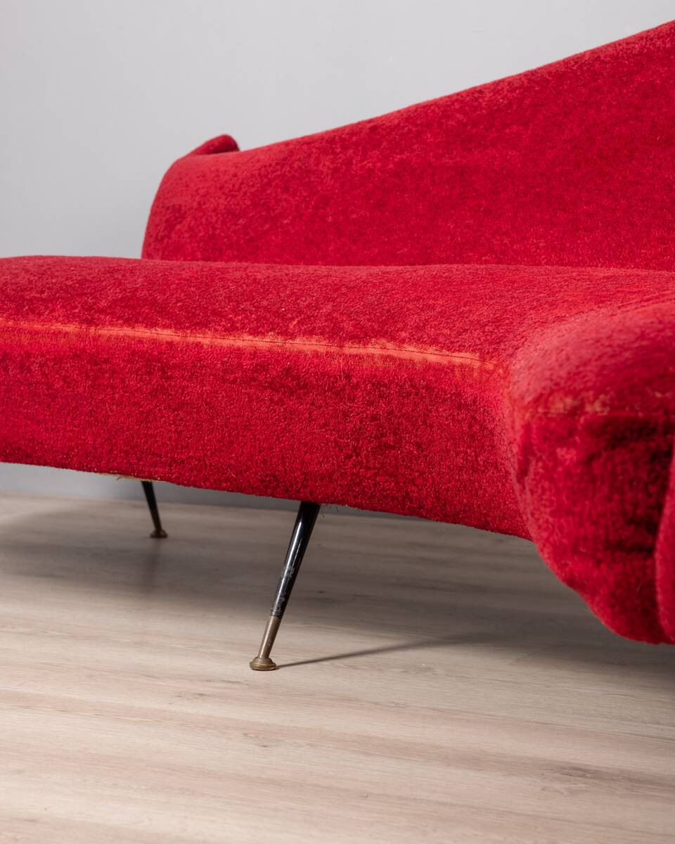 Large 1950s vintage curved sofa in red velvet italian design