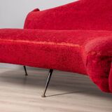 Large 1950s vintage curved sofa in red velvet italian design