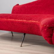 Large 1950s vintage curved sofa in red velvet italian design