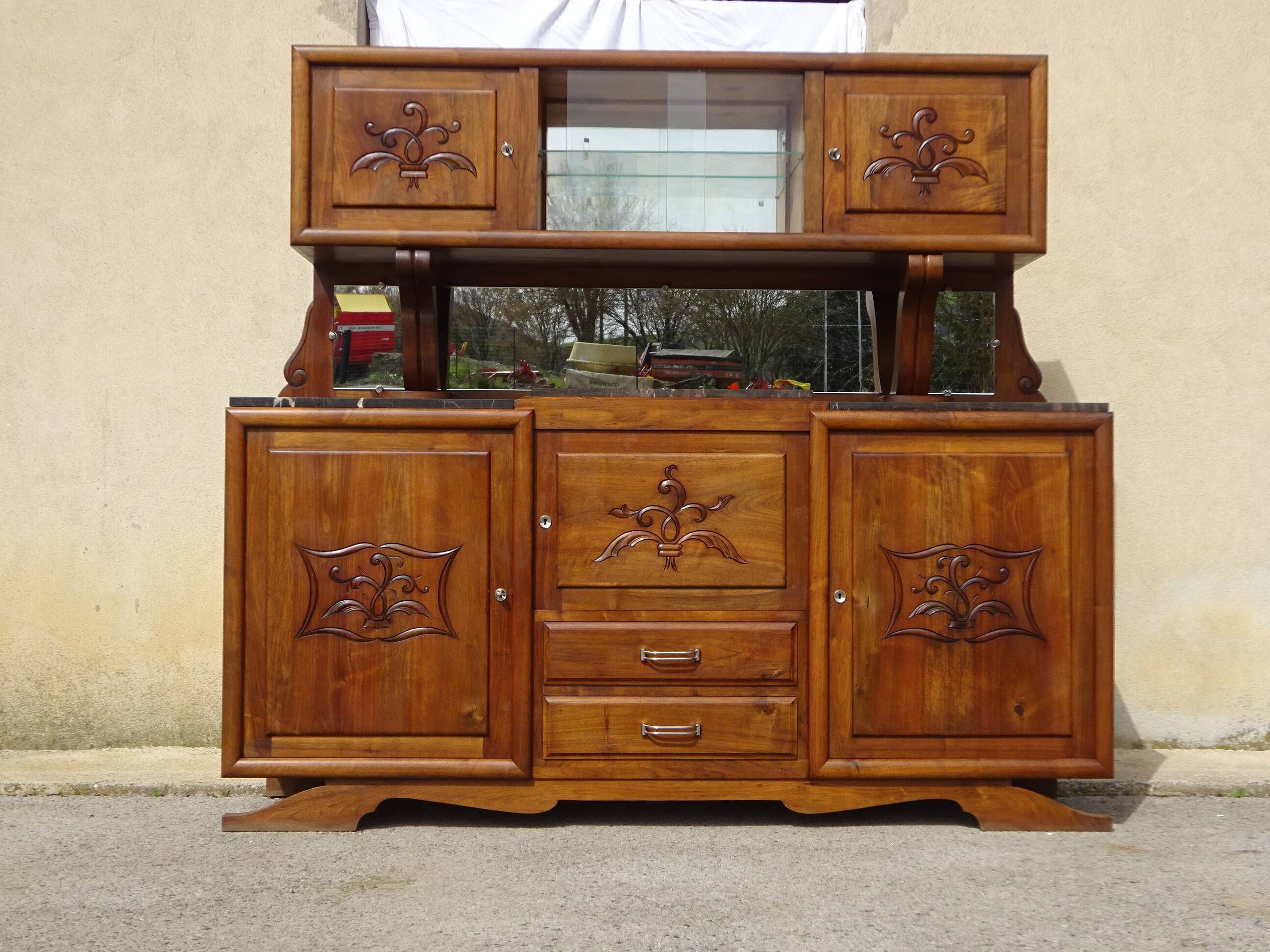 Large buffet with 2 bodies in walnut and marble