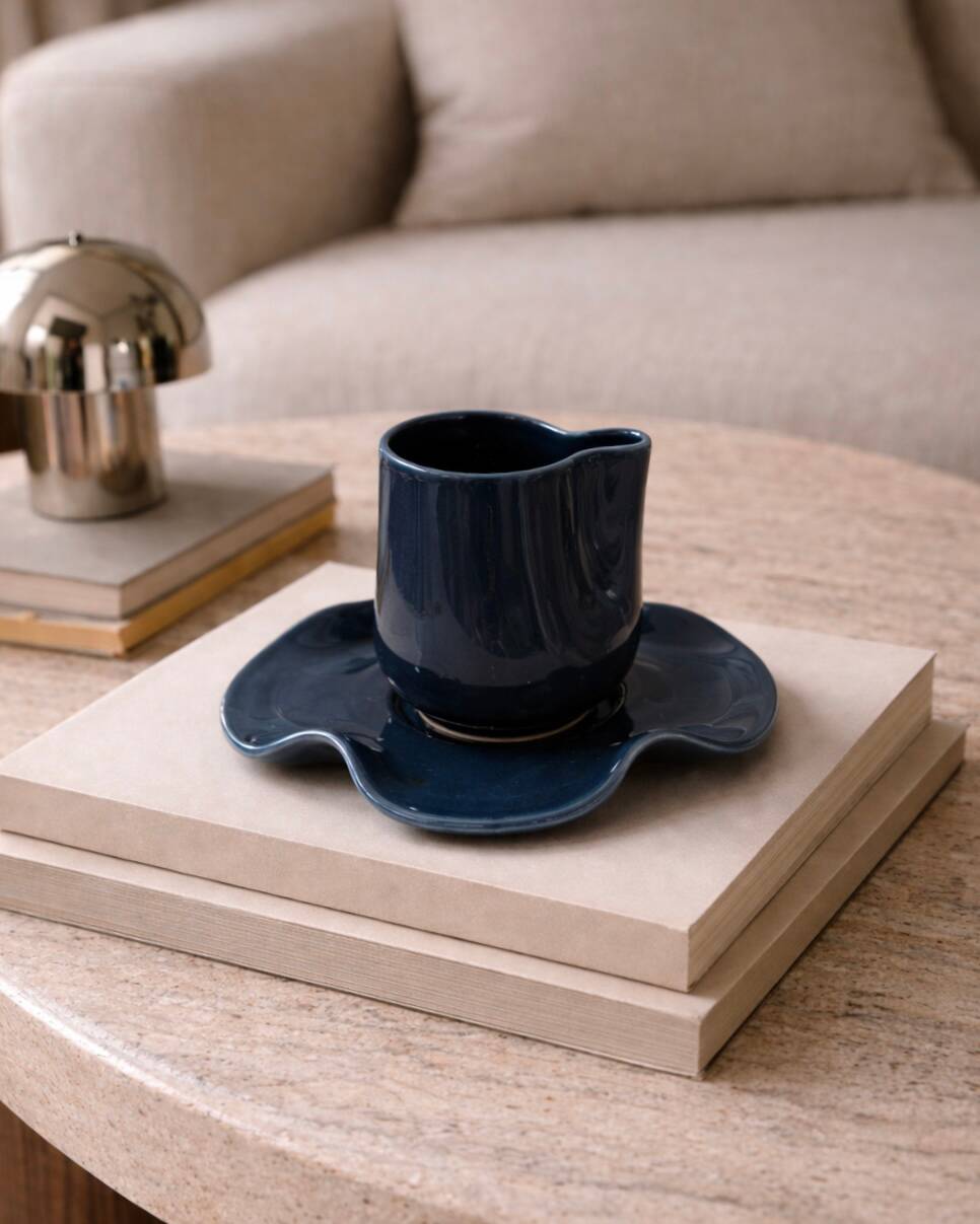 Set of wavy ceramic cup and saucer - petrol blue