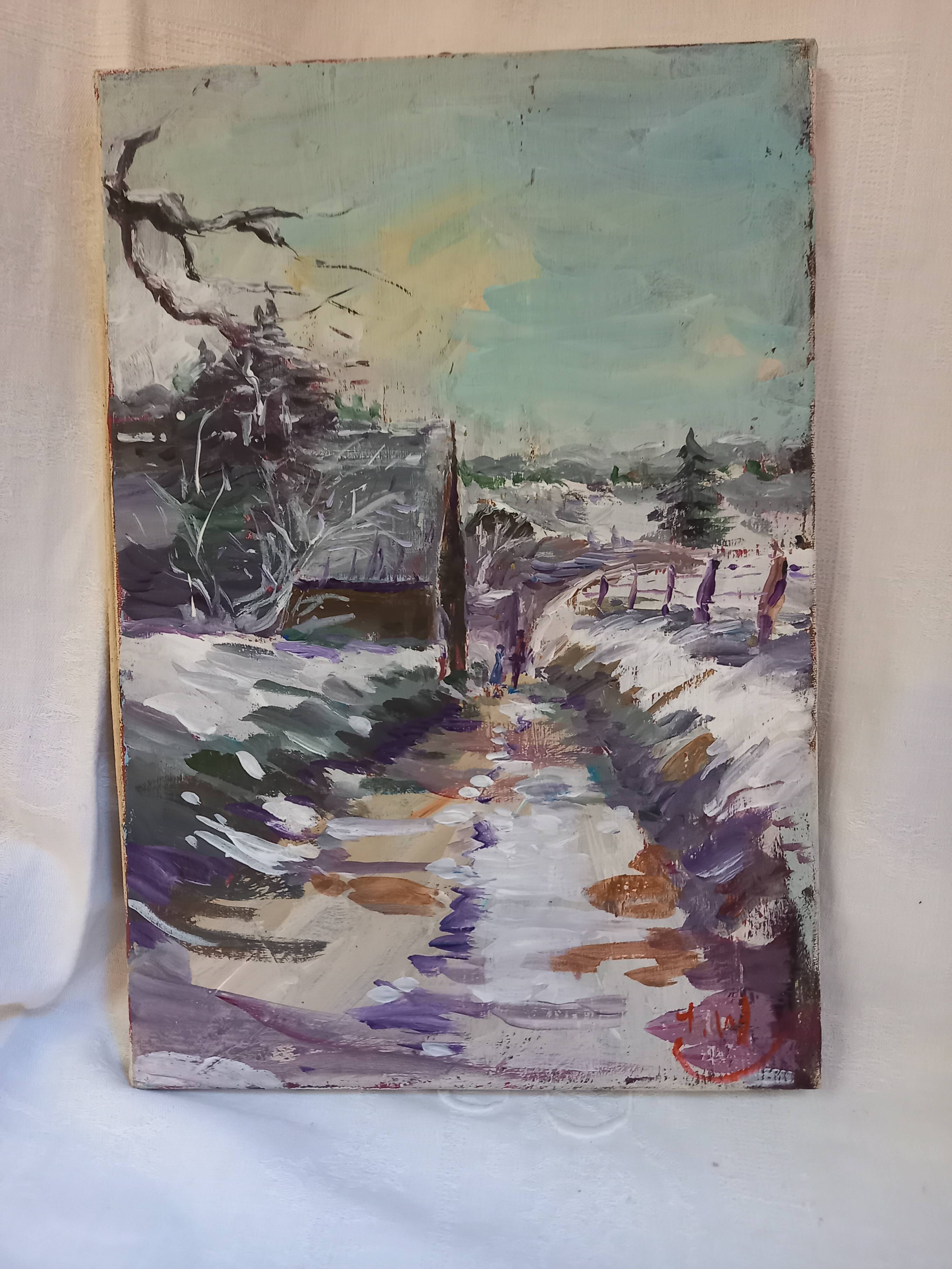 Oil on canvas, landscape under the snow, Jacques Wallart
